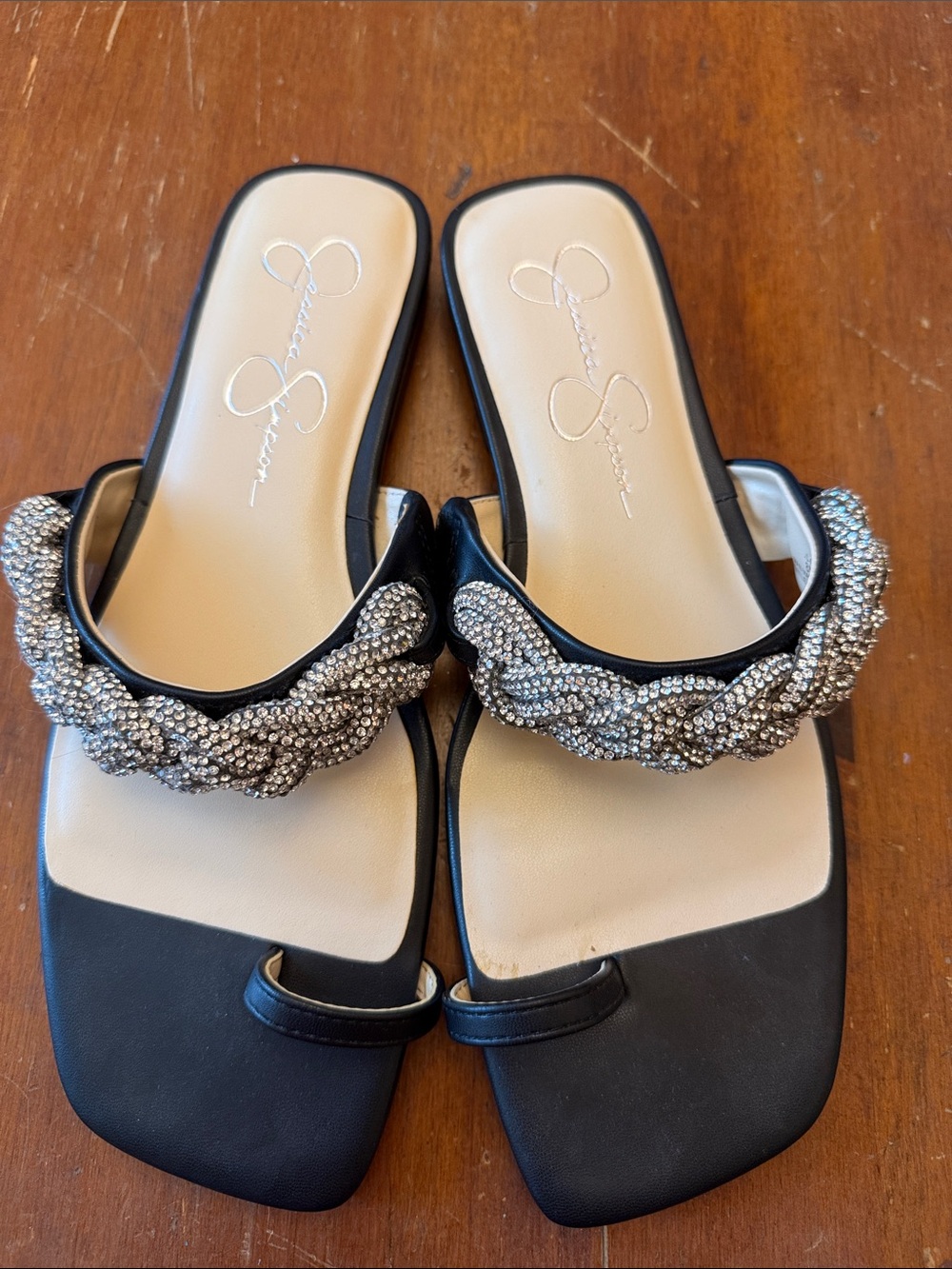 Jessica Simpson Black Slide Sandals with Silver Crystal Braided Strap